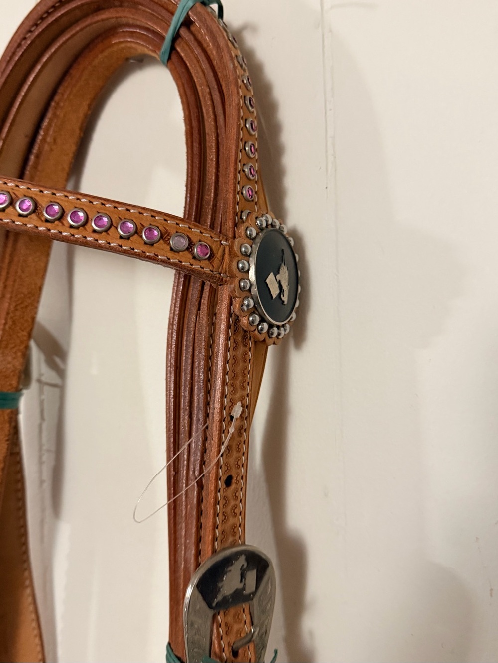 Leather Horse Bridle 3 Pieces Bling Pink Rhinestones Silver Barrel Horse Conchos
